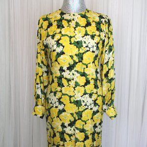 1960 Vintage Size Small/Medium Yellow Floral Pattern Shift Midi Dress Fishtail